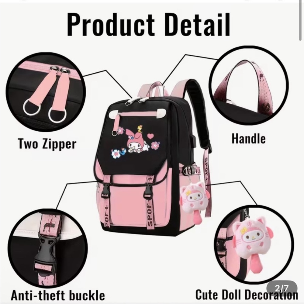 My Melody Backpack USB Charge Laptop Backpack Rucksack Travel Bag w Plush Charms - Picture 6 of 17
